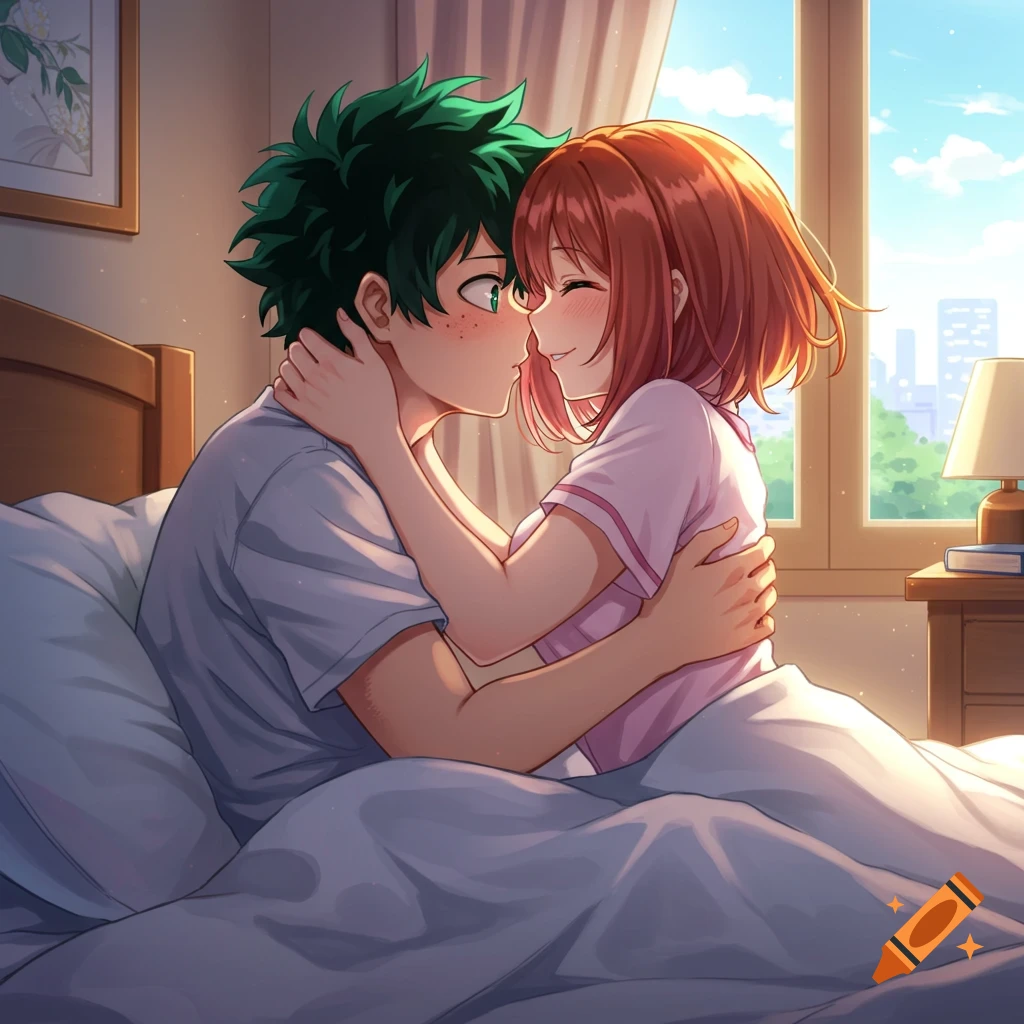 Anime style depiction of Deku and Uraraka embracing in bed