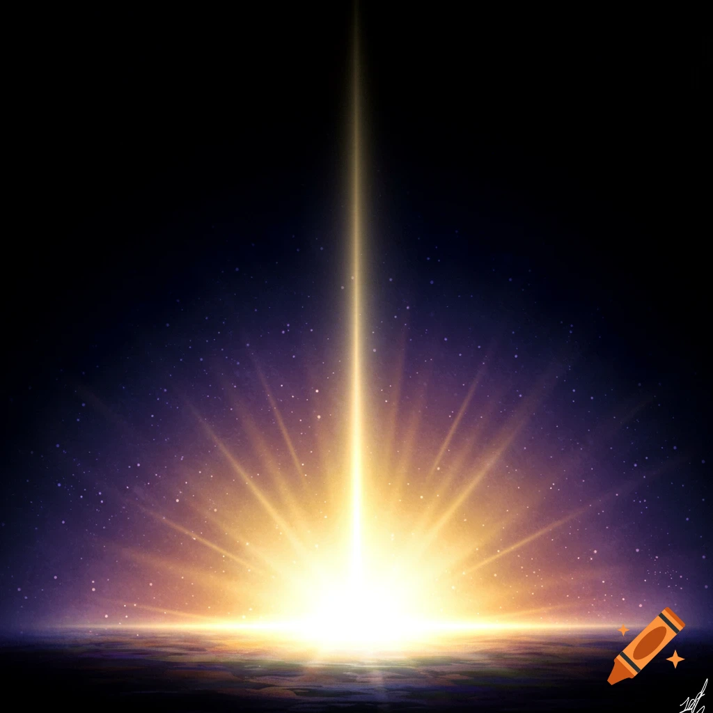 A bright beam of golden light shoots up from a horizon into a dark, star-filled sky, with a large glow radiating outwards.