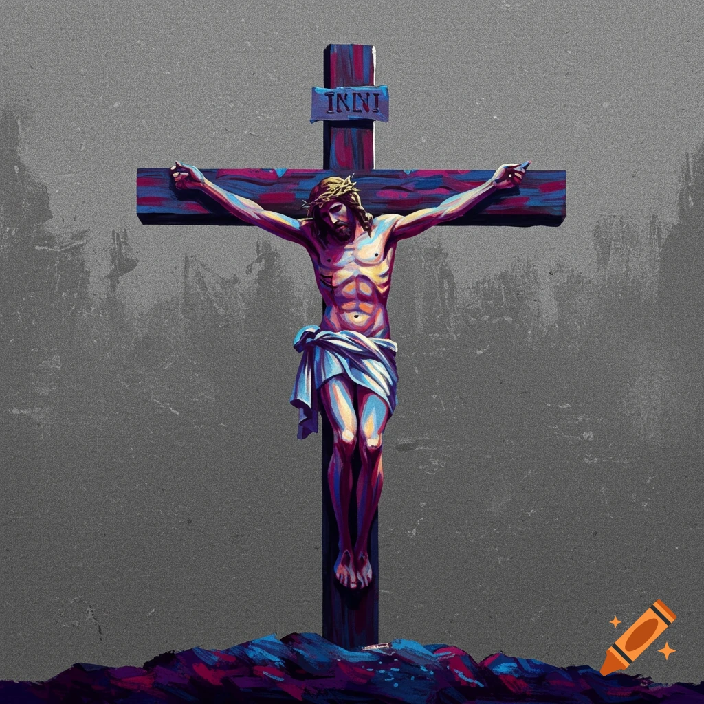 Jesus on the cross in abstract color with a monochrome grey background