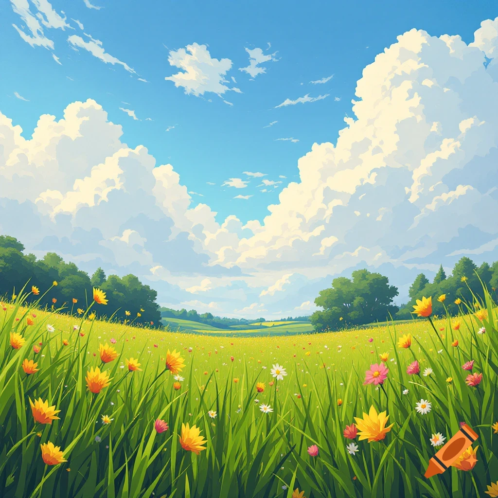 A grassy field filled with colorful wildflowers under a bright blue sky with large white clouds.