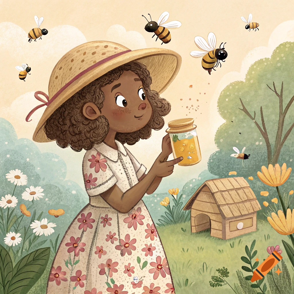 Young girl in a straw hat and floral dress holds a jar of honey while bees fly around her in a sunny field with flowers and a beehive.