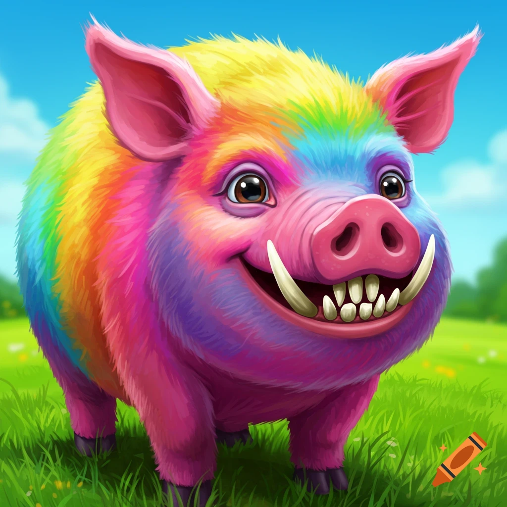 A rainbow pig with tusks and large teeth standing in a green field.