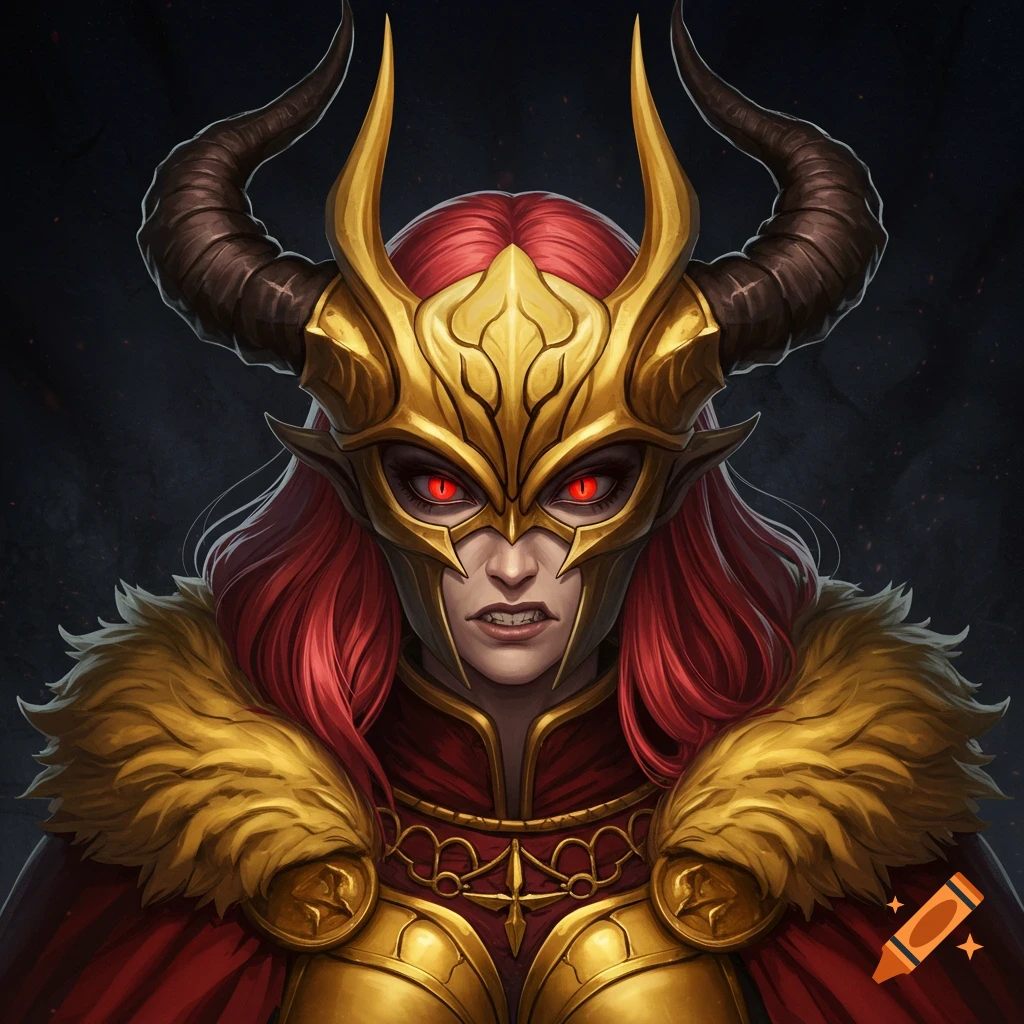 A female fantasy character in golden horned helmet and armor with red eyes and cape.