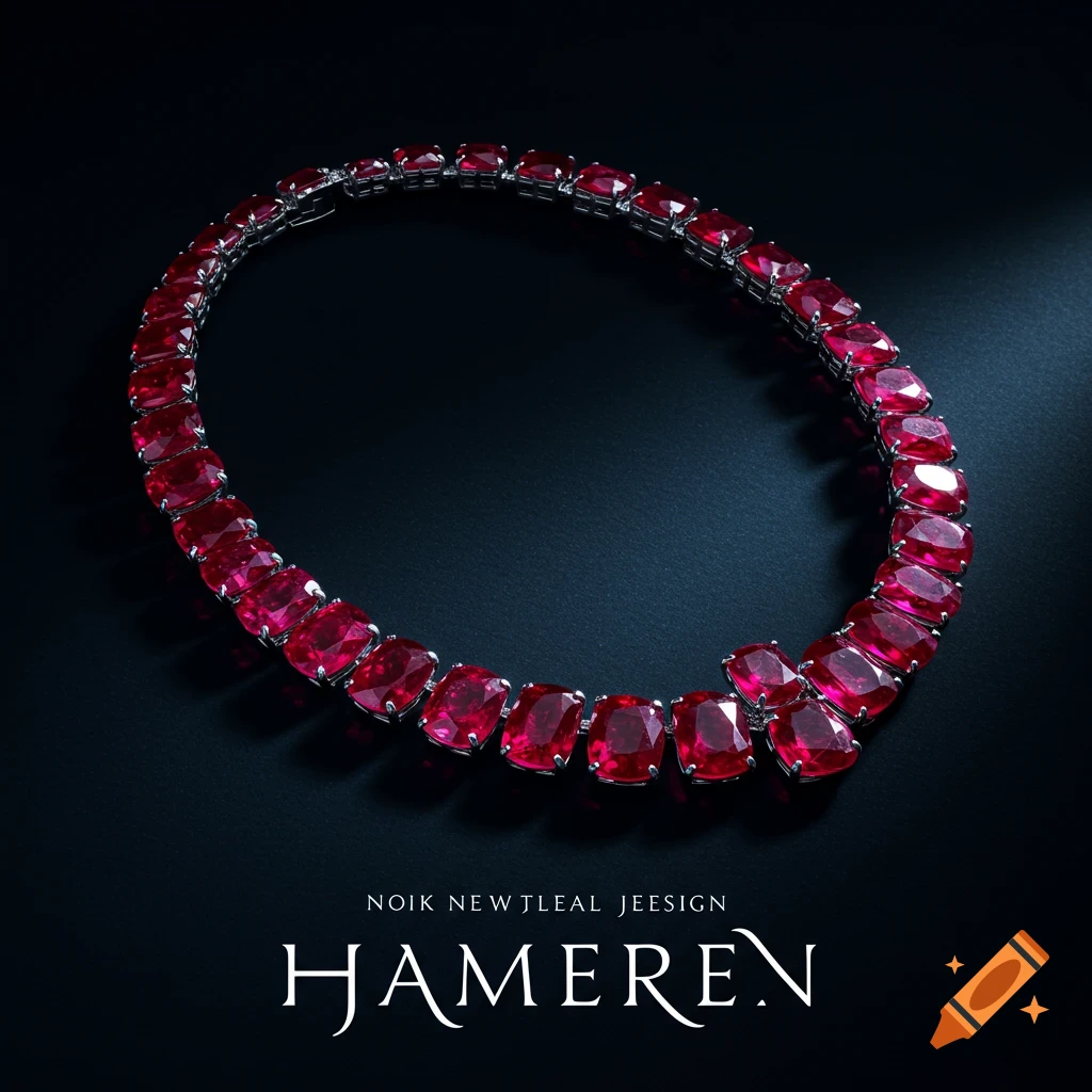 A ruby necklace displayed on a dark background.
