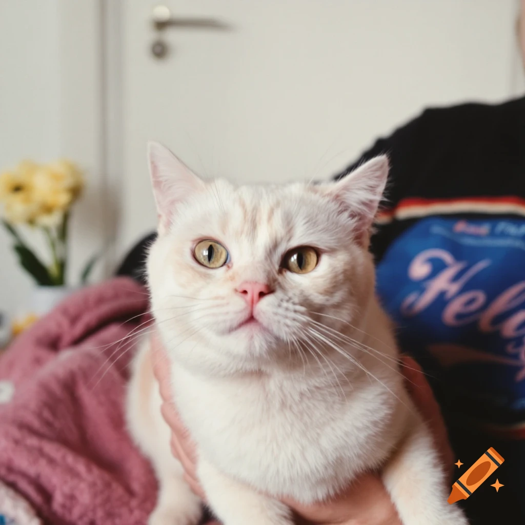 A close-up of a light-colored cat being held by a person.
