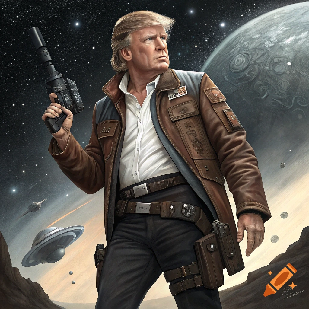 Illustration of Donald Trump dressed as Han Solo holding a blaster in a space scene.