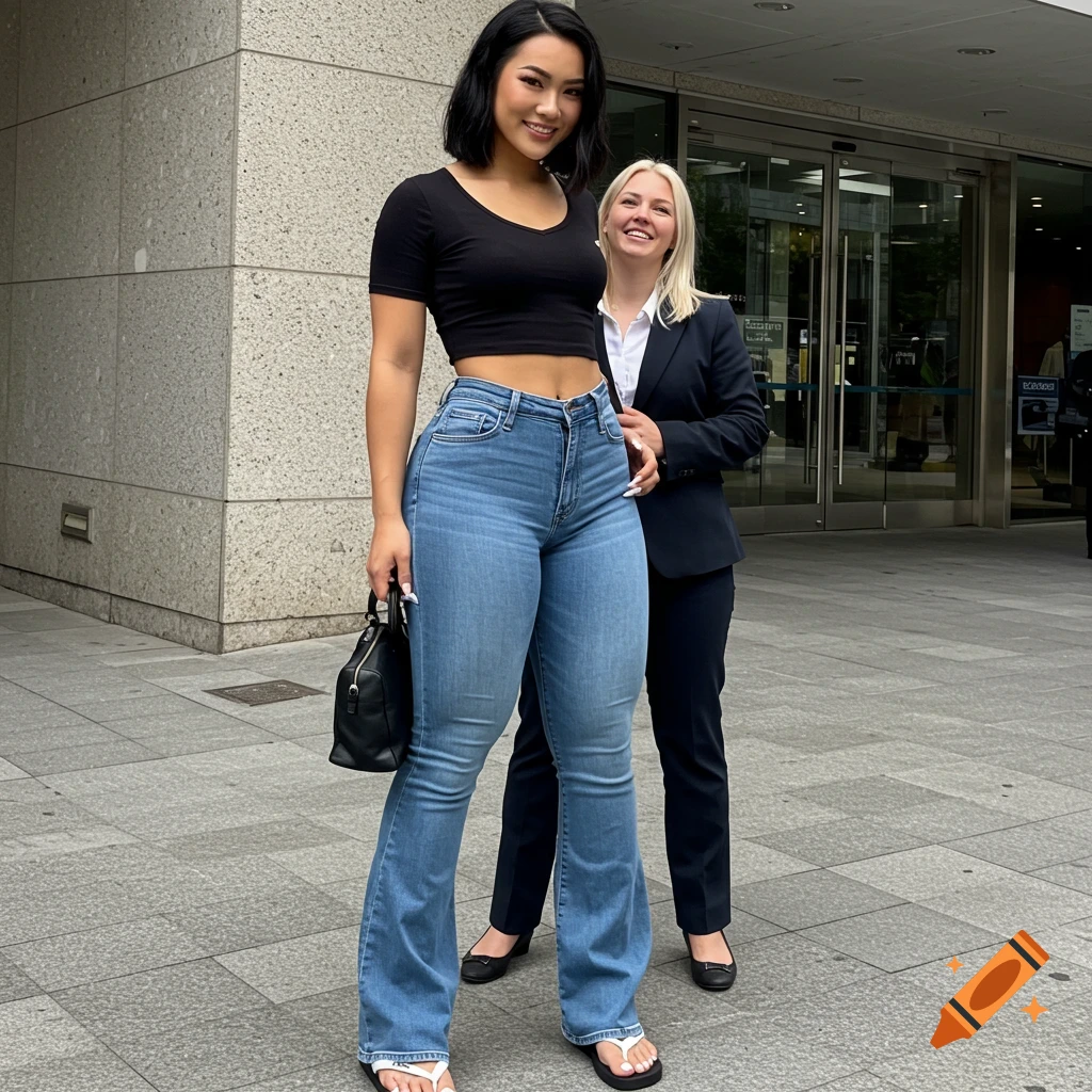 A tall woman in a black crop top and flared jeans stands over a shorter woman in a suit outside a building.