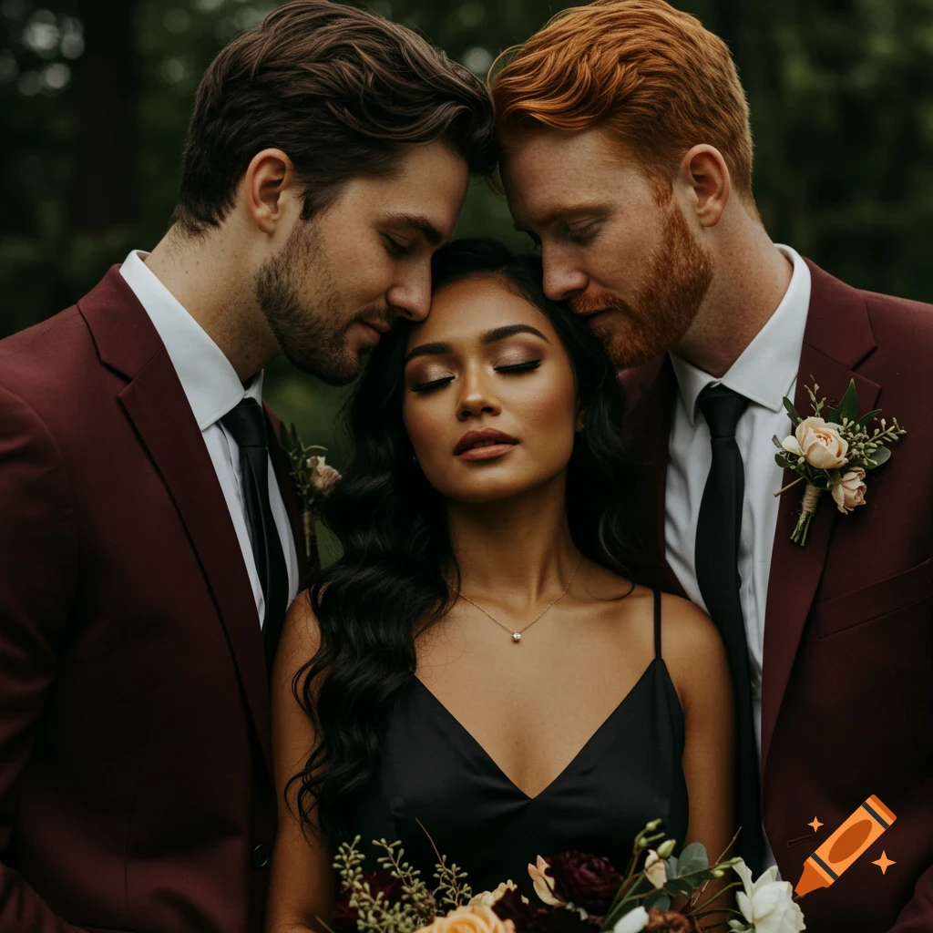 Cinematic portrait of a woman with two men in suits at a wedding.