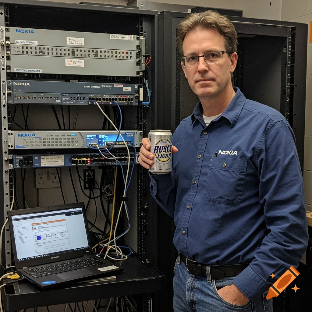 A man in a blue shirt stands next to a server rack in an IT room, holding a can of Busch Light.