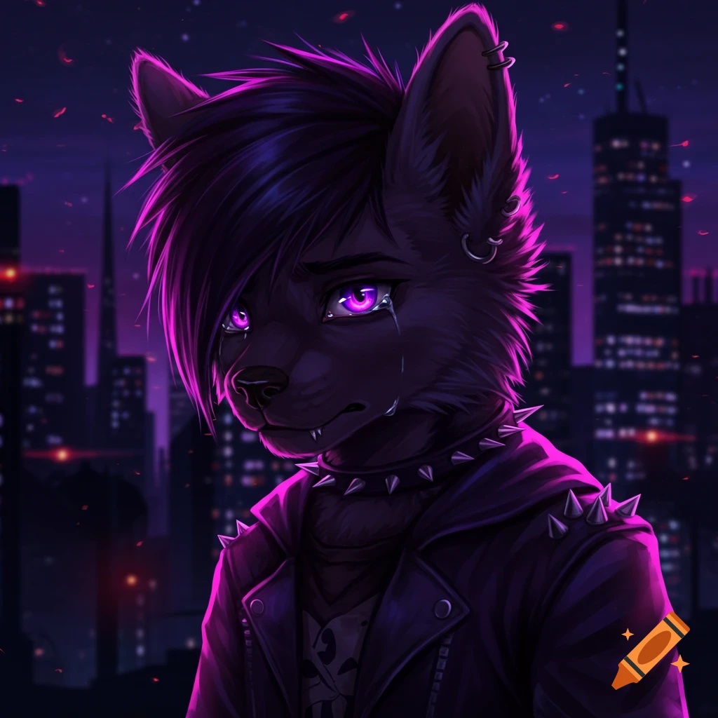 A crying emo furry with purple eyes against a city skyline.