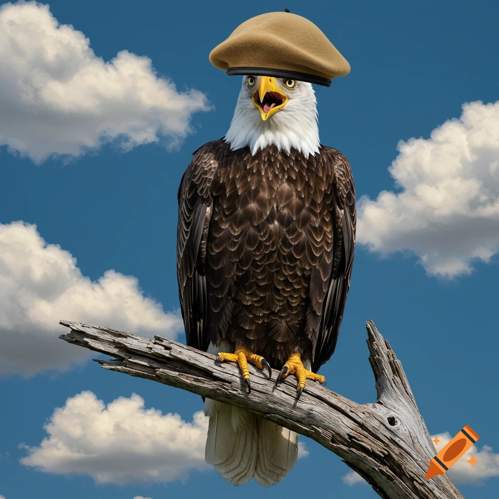 Bald eagle wearing a tan beret sits on a branch against a cloudy sky.
