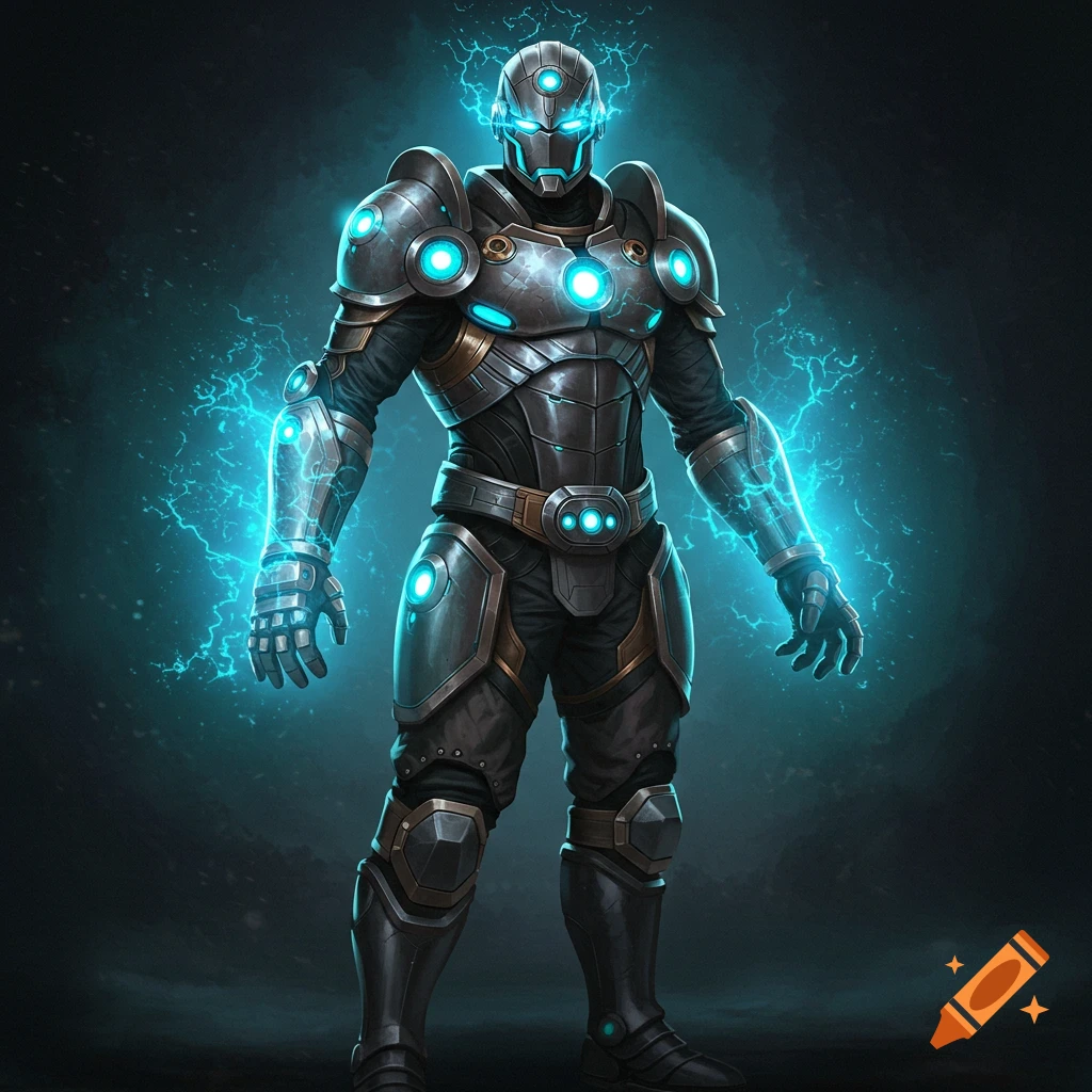 A superhero in metallic armor with glowing blue energy effects