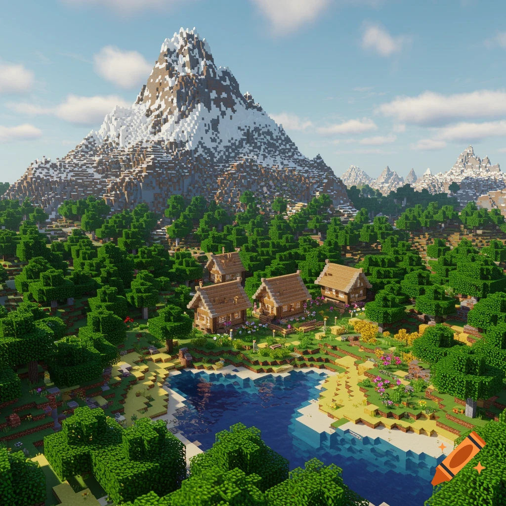 Minecraft village in a valley with a lake, forest, and snow-capped mountain.