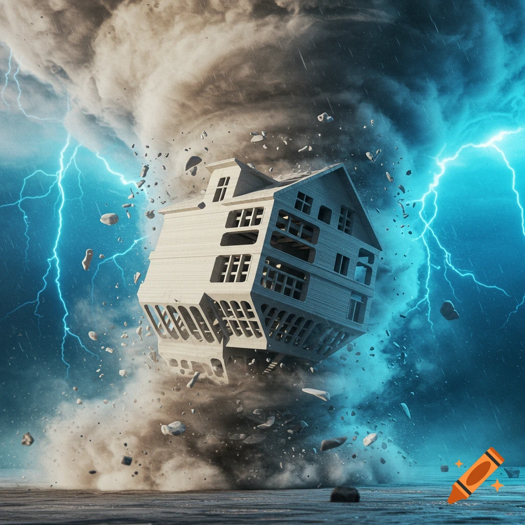 House being lifted by a tornado with lightning strikes.