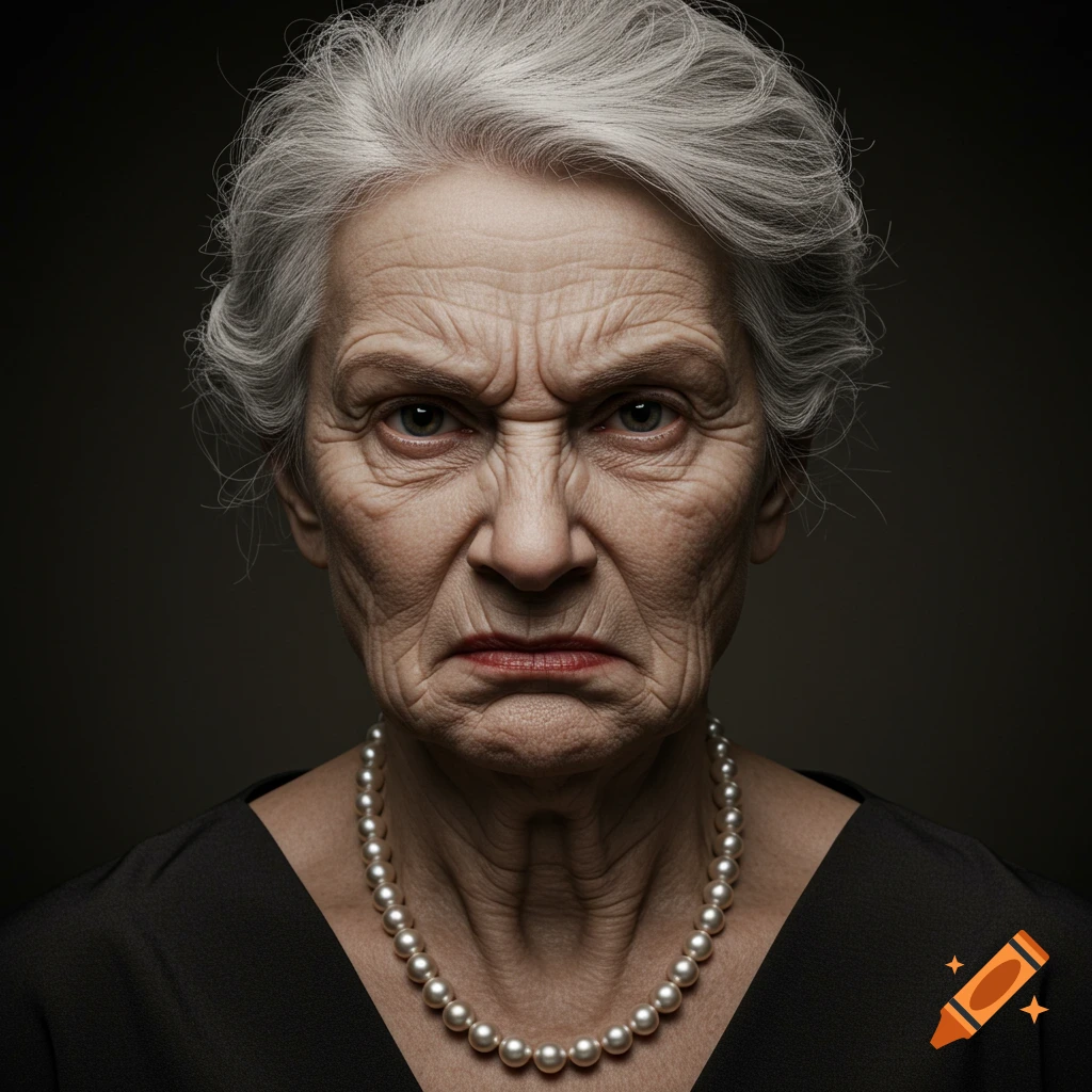 Close-up photorealistic portrait of an older woman with a look of disdain, wearing a pearl necklace.