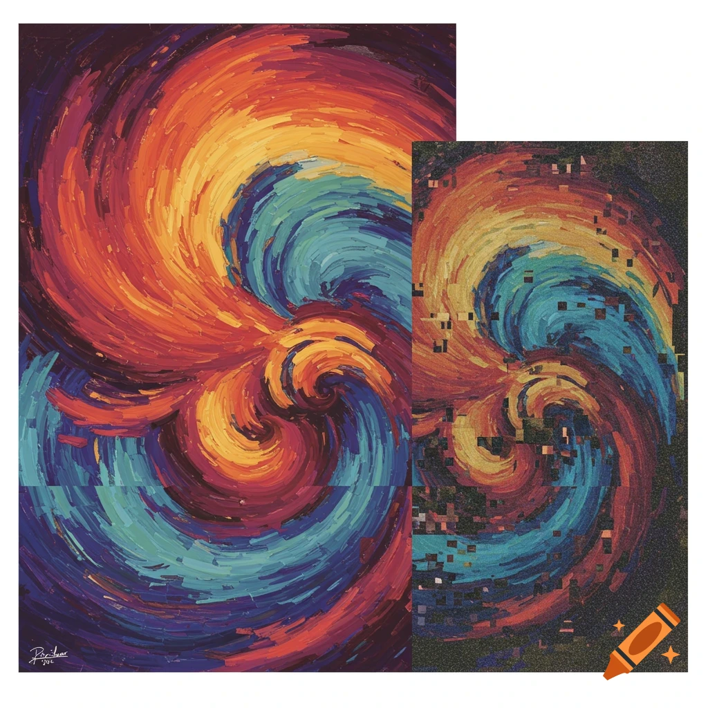 Abstract image showing swirling orange, blue, and purple strokes, next to a pixelated, degraded version.