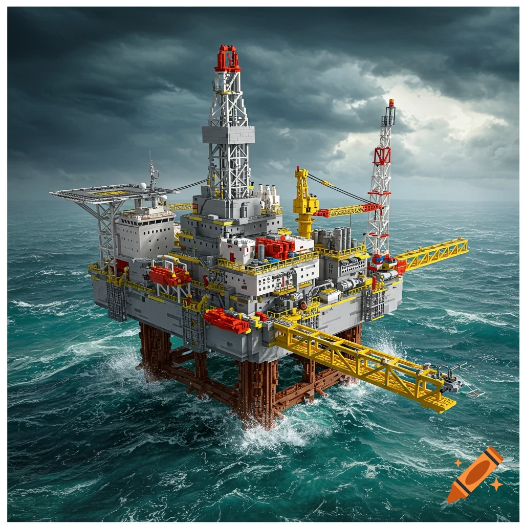 A Lego oil rig model in a stormy sea.