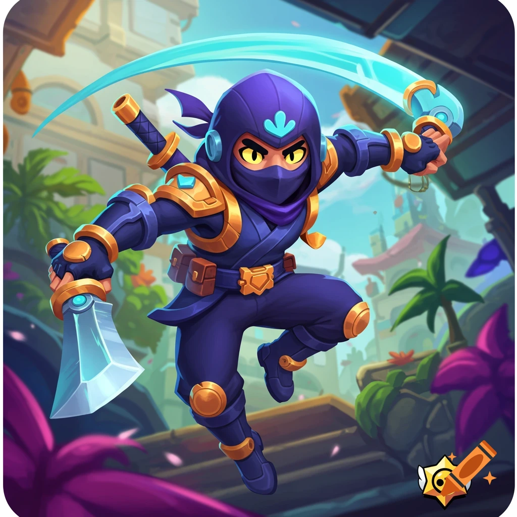 A cartoonish purple ninja character from Brawl Stars leaping with two swords.