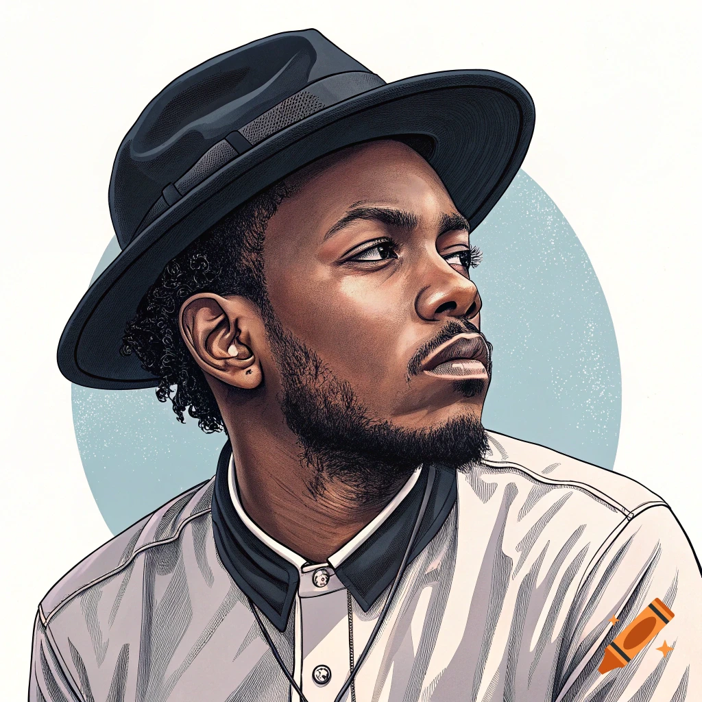 Stylized illustration portrait of Kendrick Lamar wearing a hat and shirt.