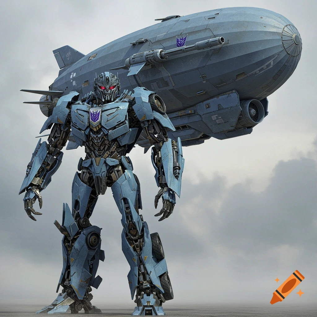 A blue robot resembling a Transformer Decepticon stands in front of a blimp against a cloudy sky.