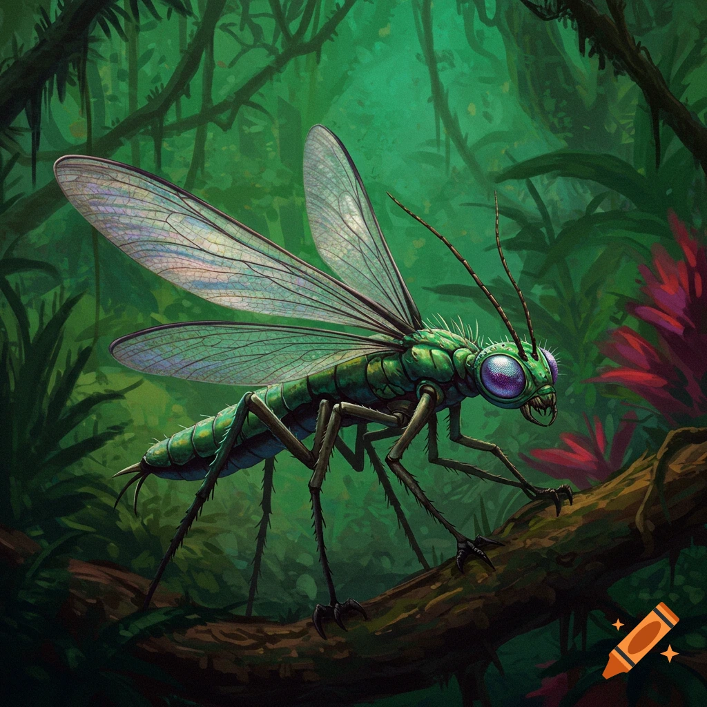 A green insect-like fantasy creature with large wings sits on a branch in a jungle.