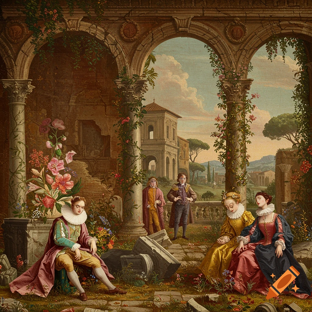 A painting in historical style depicts figures in period dress seated and standing among classical ruins and flowering plants.