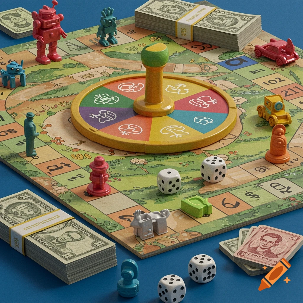 A retro image of a 1970s board game with playing pieces, dice, spinner, and stacks of money.