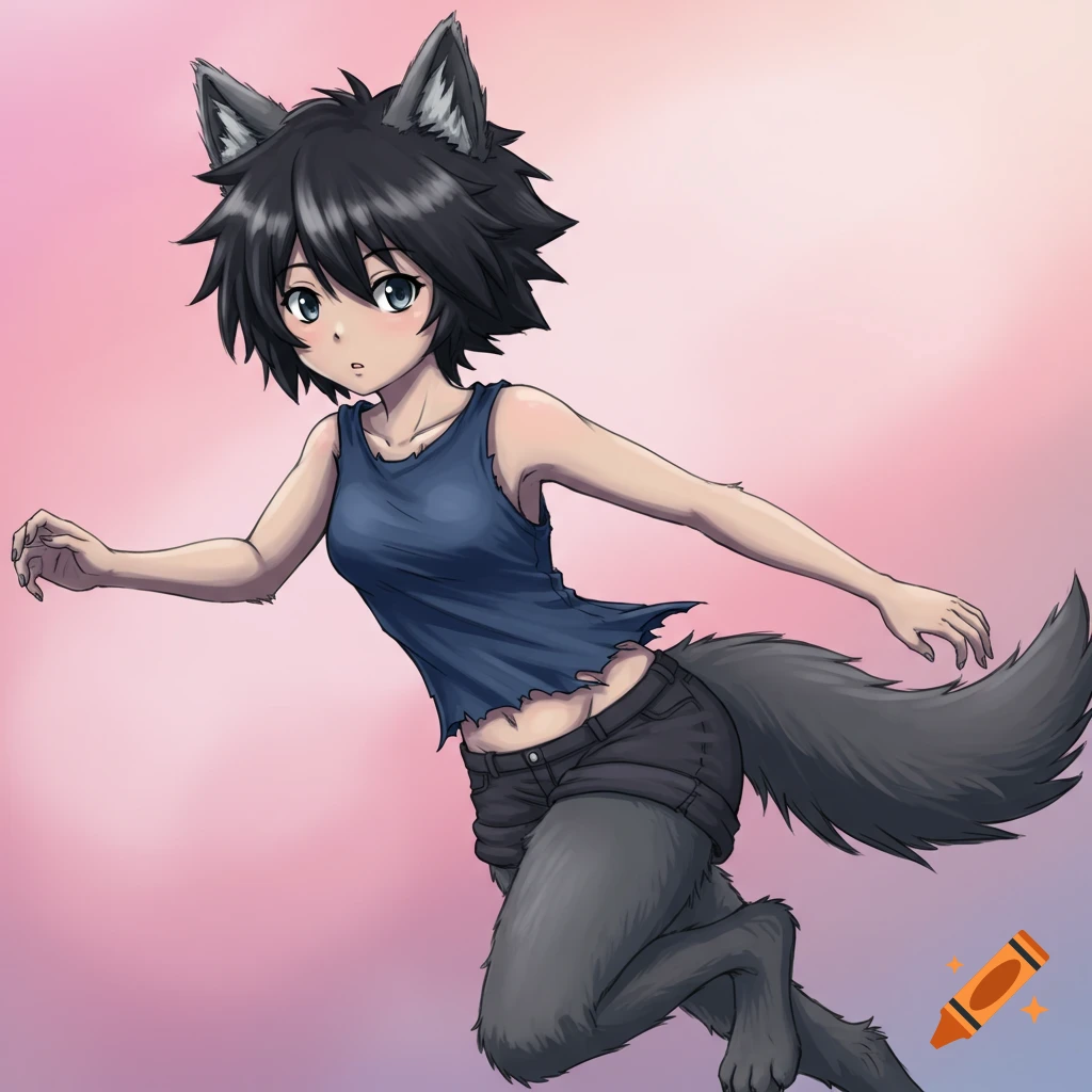 Anime wolf girl with short black hair, wearing a tank top and shorts, running against a gradient background.