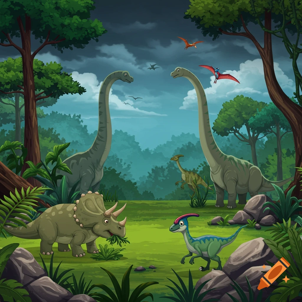 Cartoon dinosaurs, including Brachiosaurus, Triceratops, and Parasaurolophus, in a prehistoric forest.