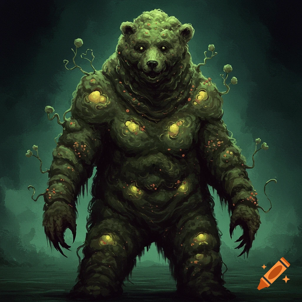 a spore-covered bear creature with glowing patches standing in mist
