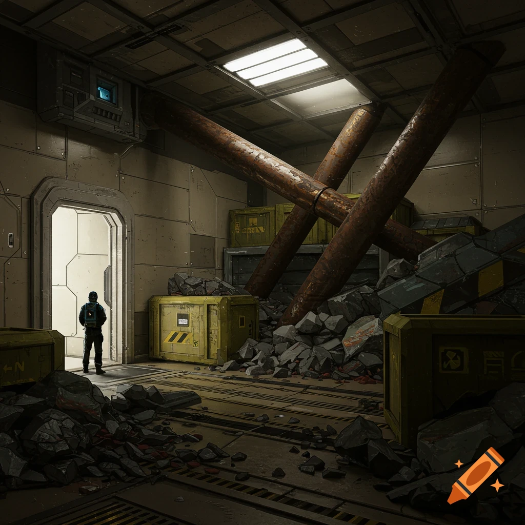 A person stands by a door in a sci-fi room filled with crates, debris, and large crossed pipes.