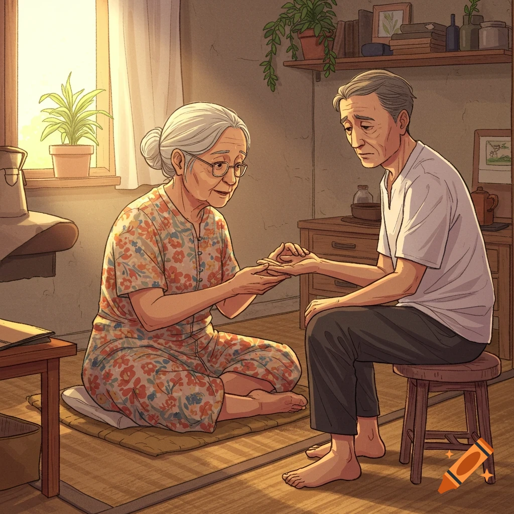 An elderly woman holds the hand of a sad-looking elderly man in a sunlit room, illustration style.