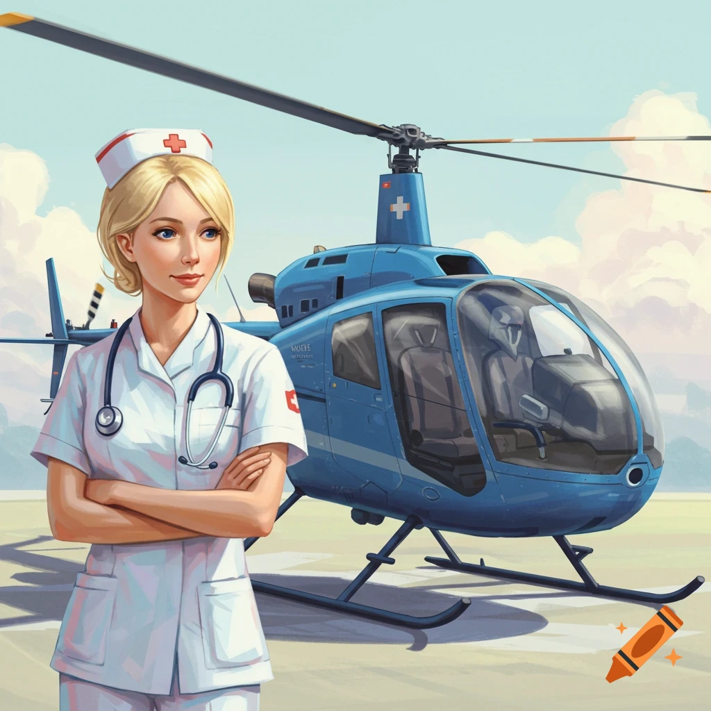 A blond nurse in uniform with a stethoscope stands in front of a blue medical helicopter.