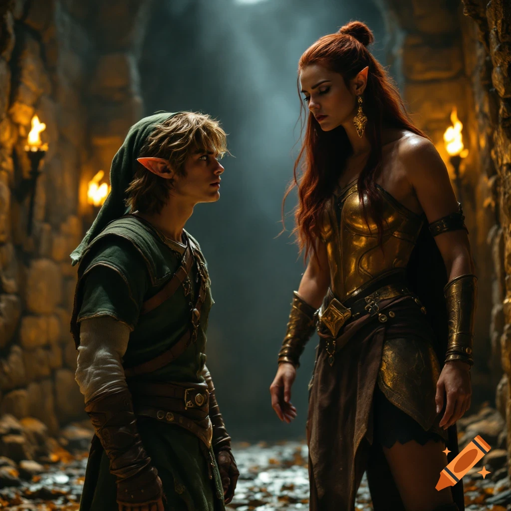 Cinematic photo of Link in a dark dungeon, facing a female warrior in golden armor.