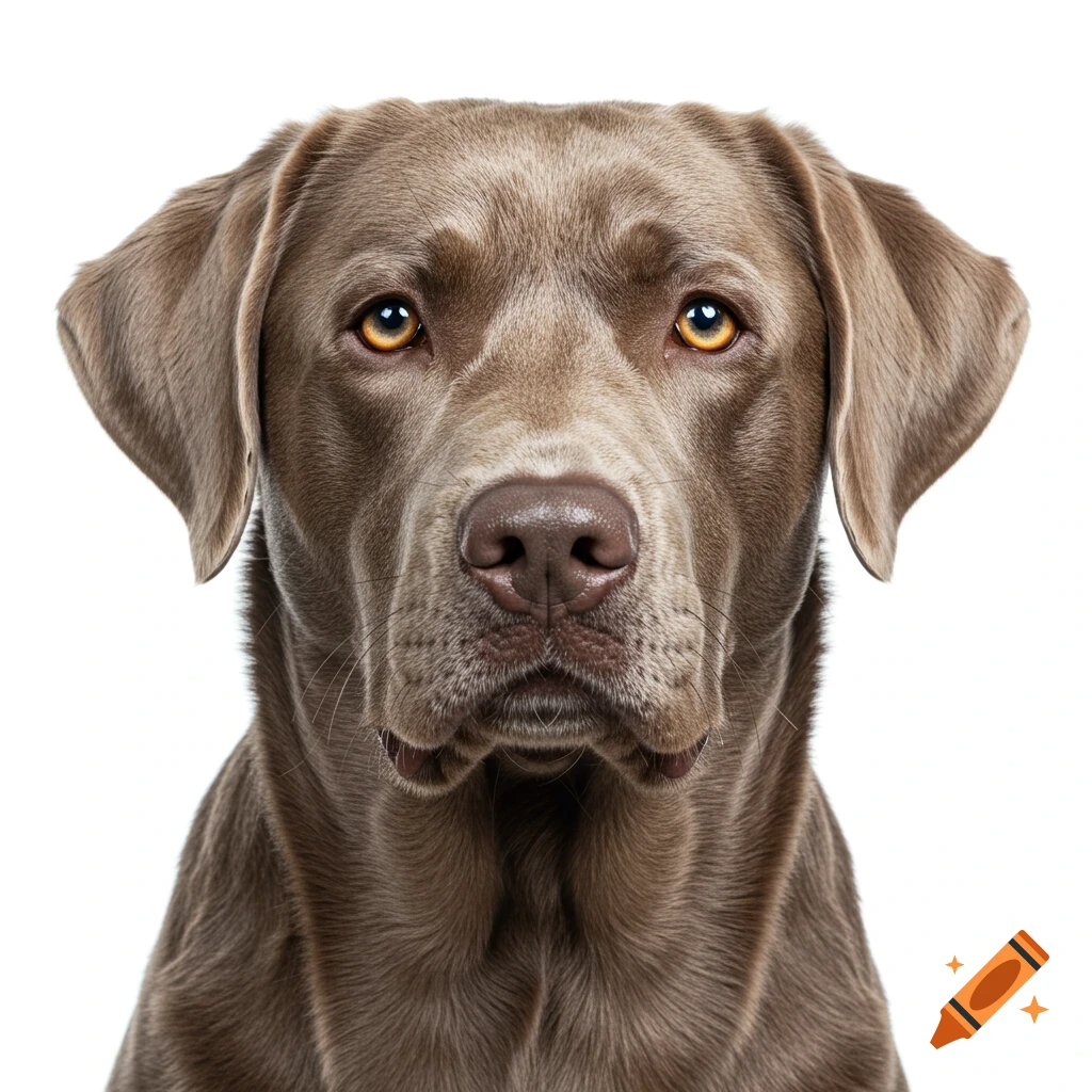 Headshot of a brown Labrador dog against a white background.