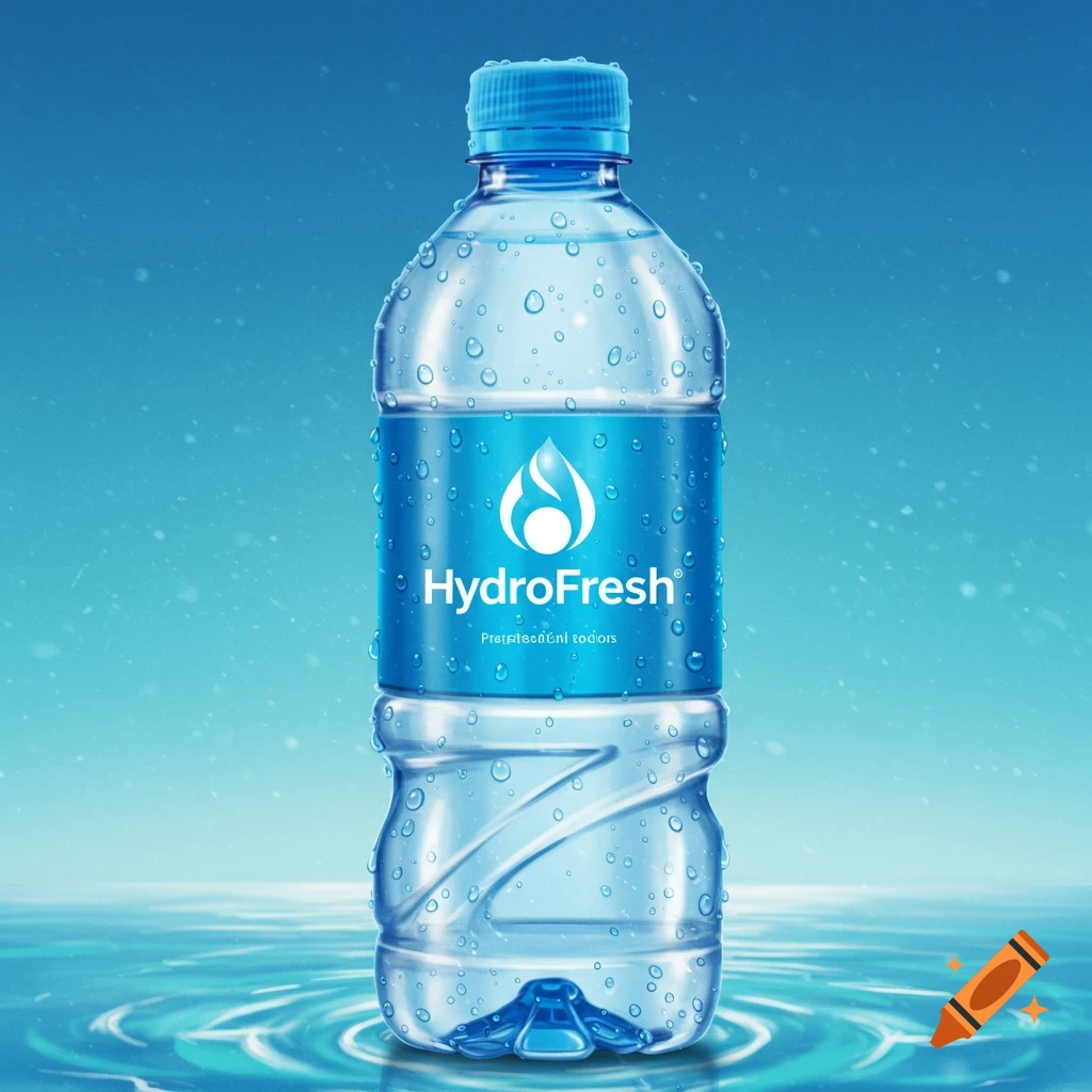 A plastic water bottle with a blue HydroFresh label covered in water droplets sits in rippling water.