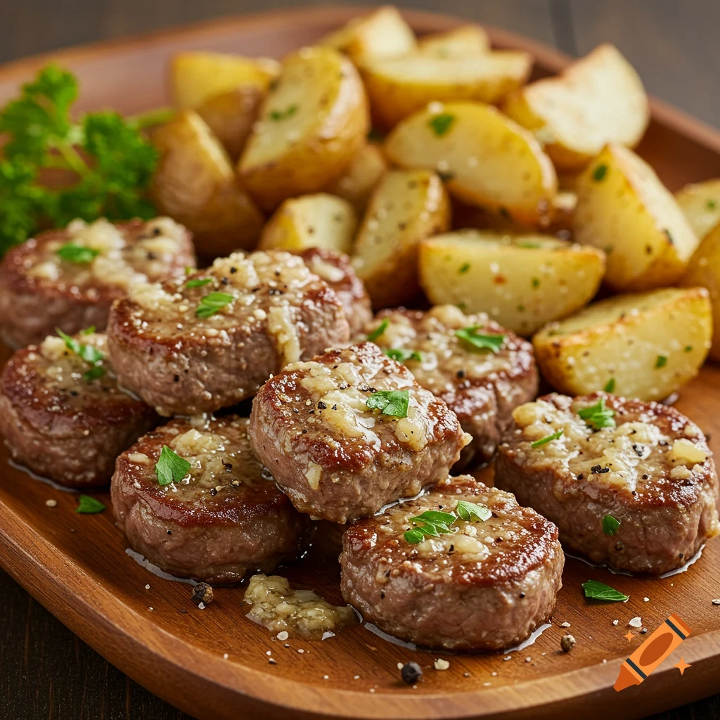 Garlic parm steak bites with roasted potatoes on a wooden tray.
