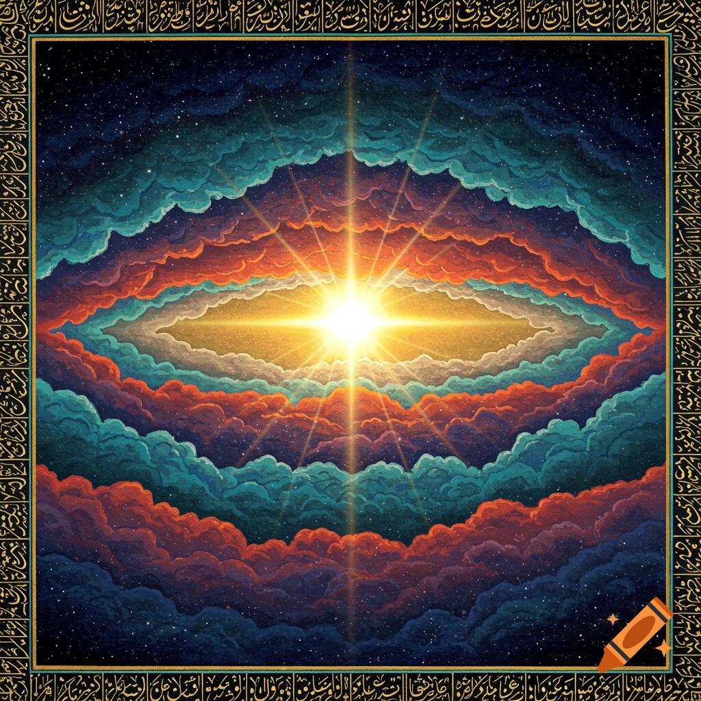 Abstract painting of a bright light bursting from colorful clouds in space, surrounded by a decorative border.