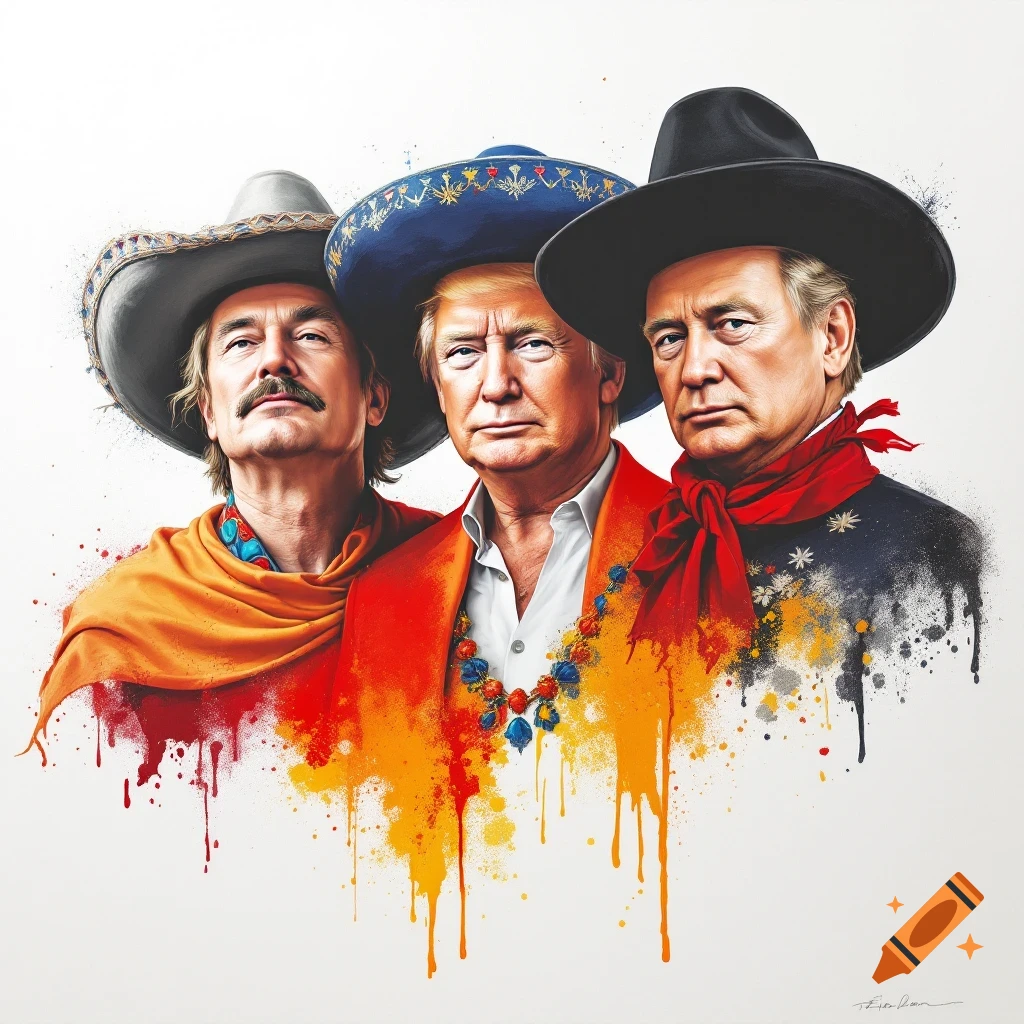 Three men resembling Trump, Putin, and Musk in sombreros and colorful clothes, depicted in a watercolor splatter style.