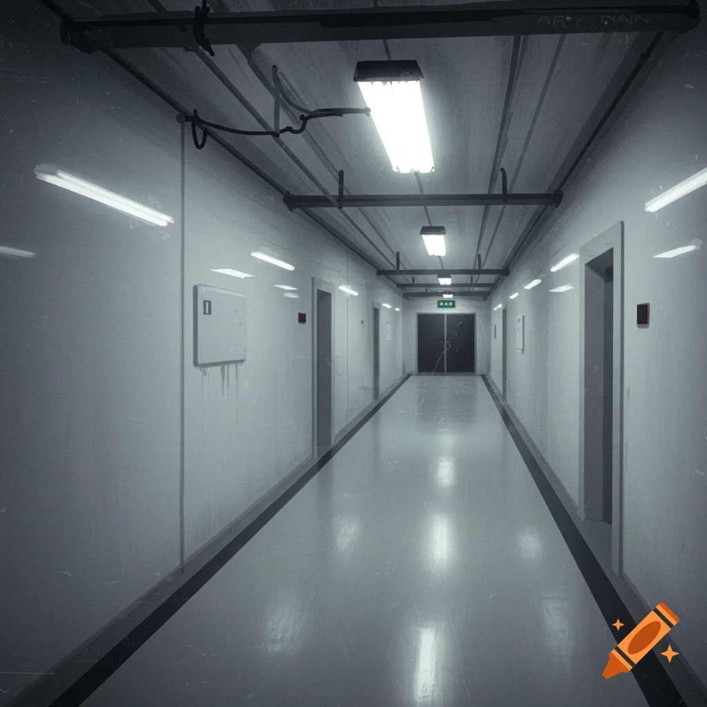 A long, sterile, empty hallway with fluorescent lights and doors leading off the sides.
