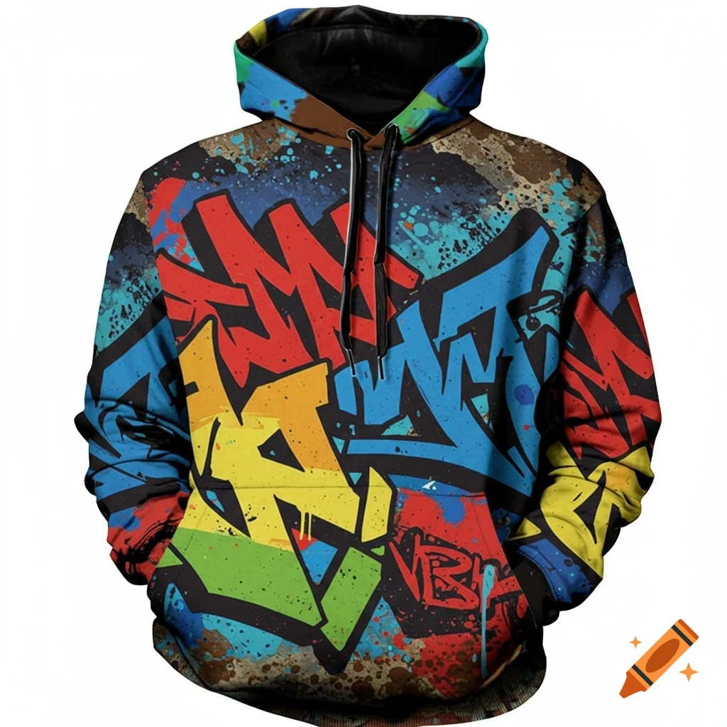 A colorful hoodie with vibrant graffiti art pattern.