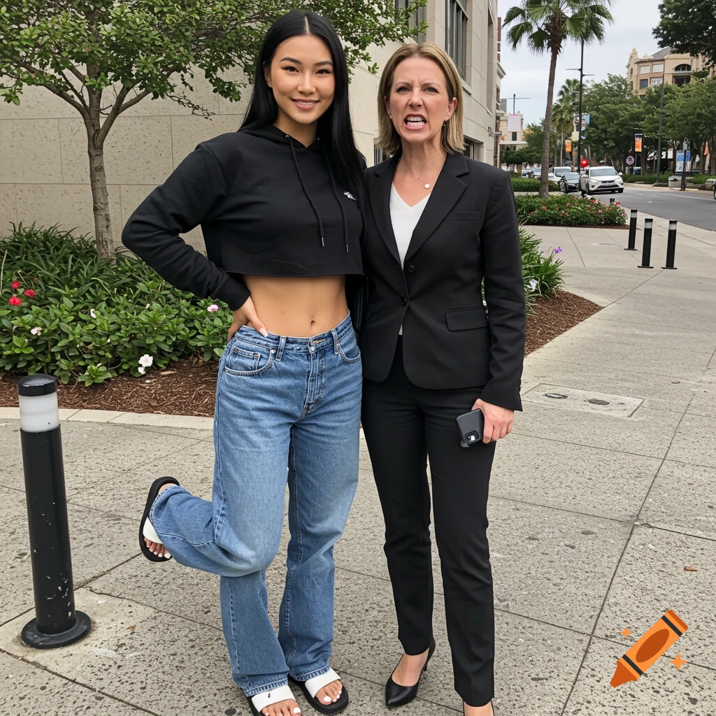 Two women stand on a sidewalk, one in a black cropped hoodie and jeans, the other in a black suit.