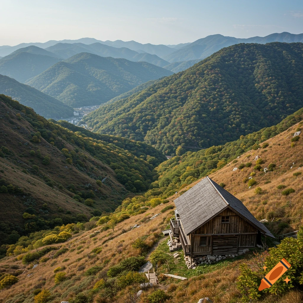 Wooden cabin on a grassy mountain hillside overlooking a valley