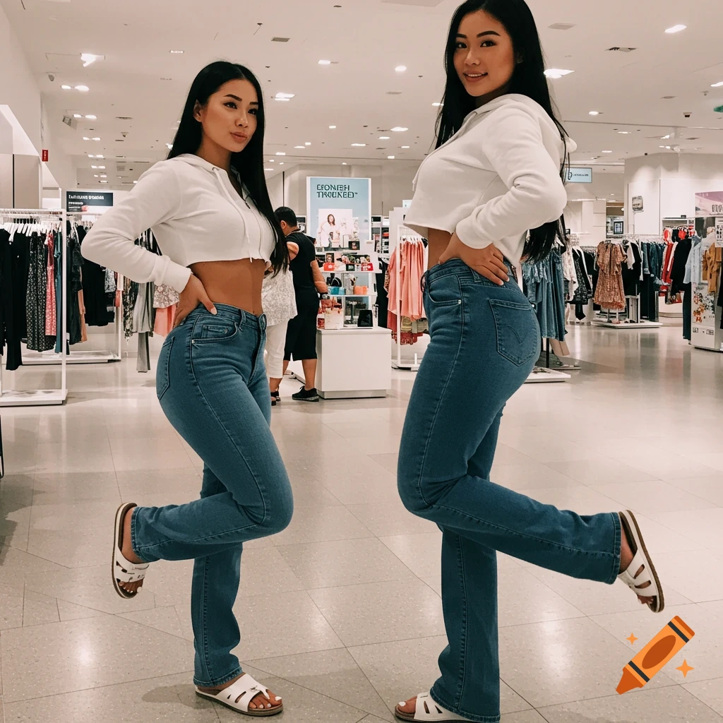 Two identical women in white cropped hoodies and jeans pose in a clothing store.