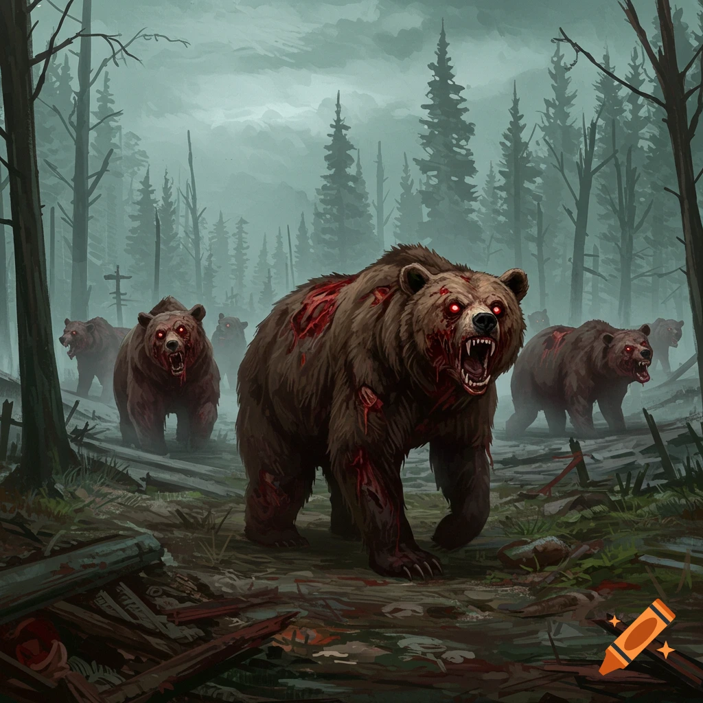 Several zombie bears with red eyes walking through a misty forest.