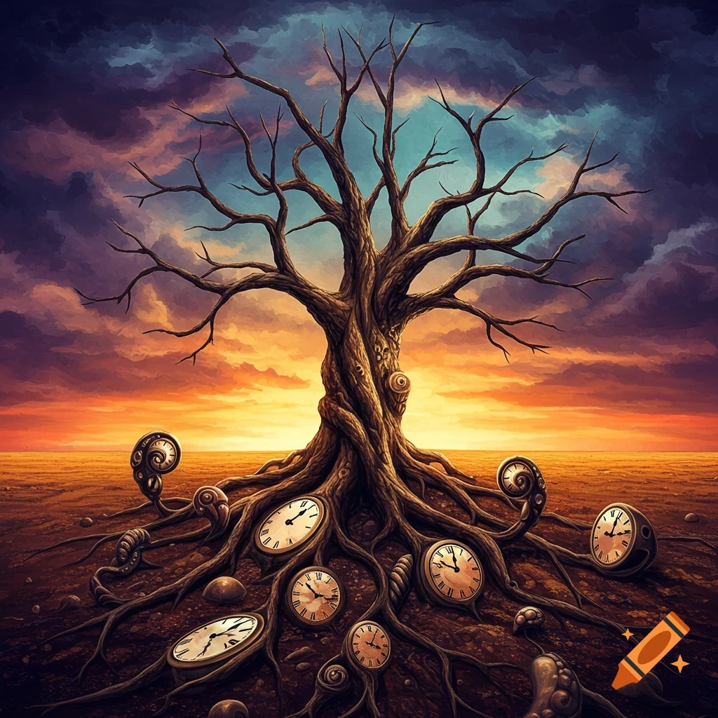 Surreal image of a dead tree with clocks embedded in its roots under a dramatic sunset sky.