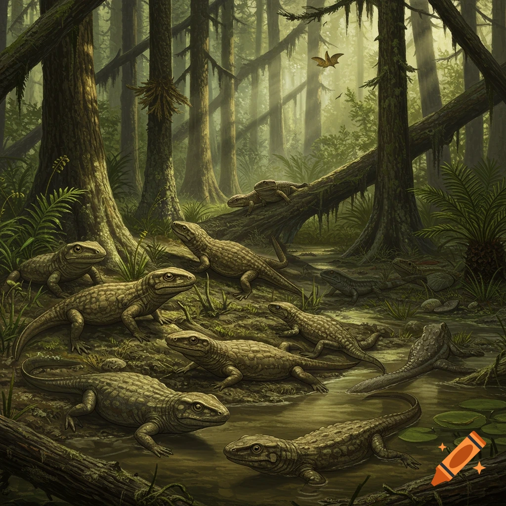 A group of primitive amphibians in a prehistoric swampy forest.