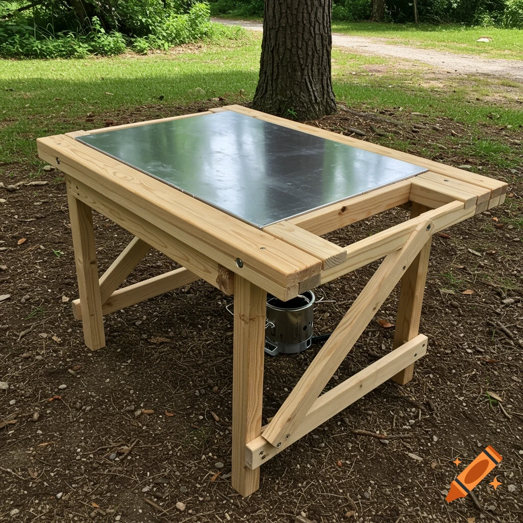 A wooden table with a metal surface stands outdoors near a tree.