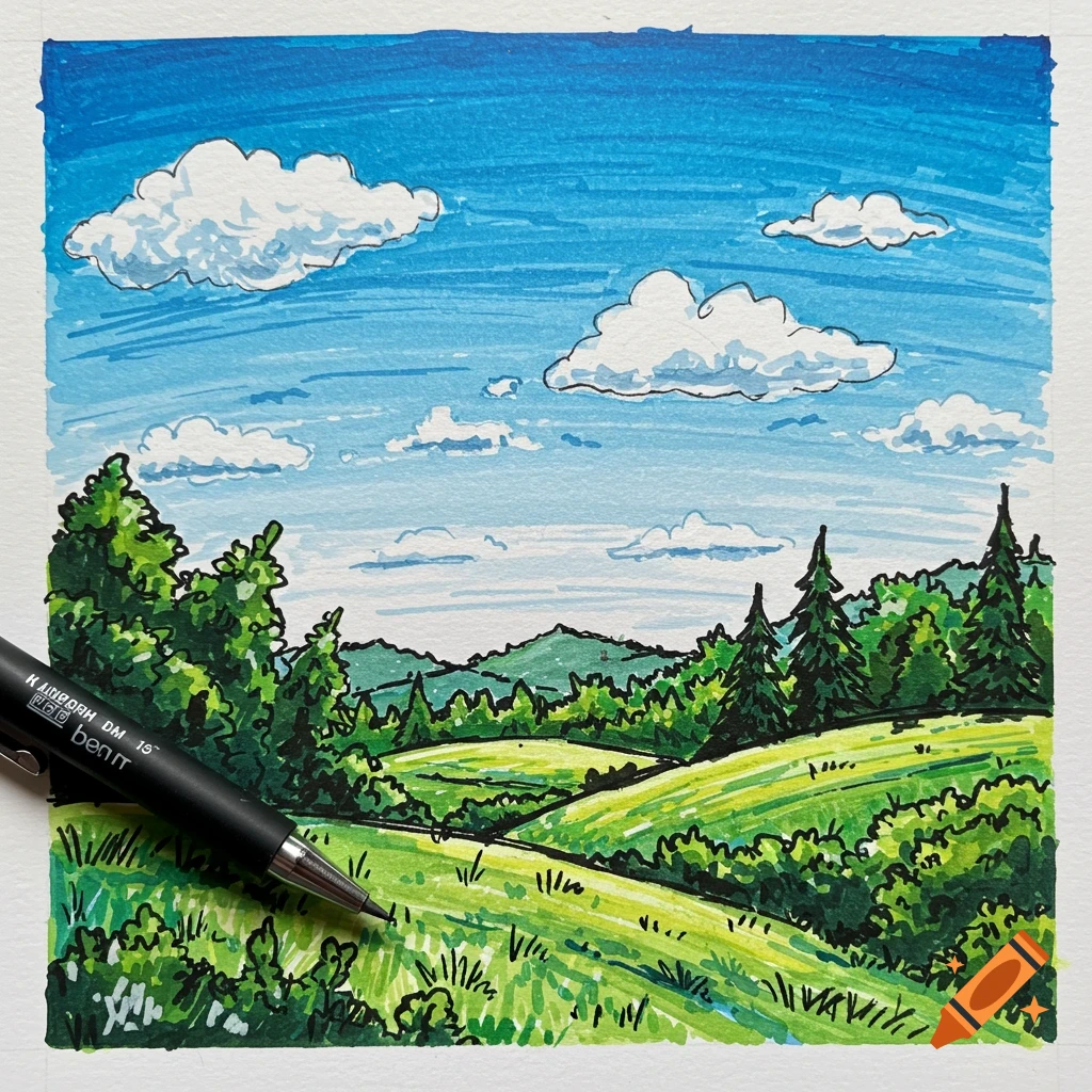 A colorful marker and ink drawing of a rolling green landscape under a blue sky with clouds, with a black pen resting on the drawing in the foreground.