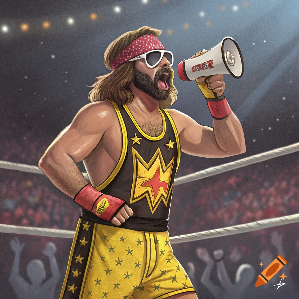 Stylized illustration of a wrestler resembling Randy Savage in a ring, speaking into a megaphone.